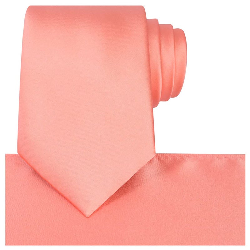 KissTies Mens Peach Satin Tie Set Solid Ties For Men Necktie + Pocket Square - Image 1